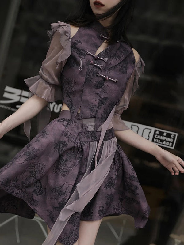 Chinese Style Short Top & Irregular Hem Skirt & Camisole & Cropped Sheer Cardigan