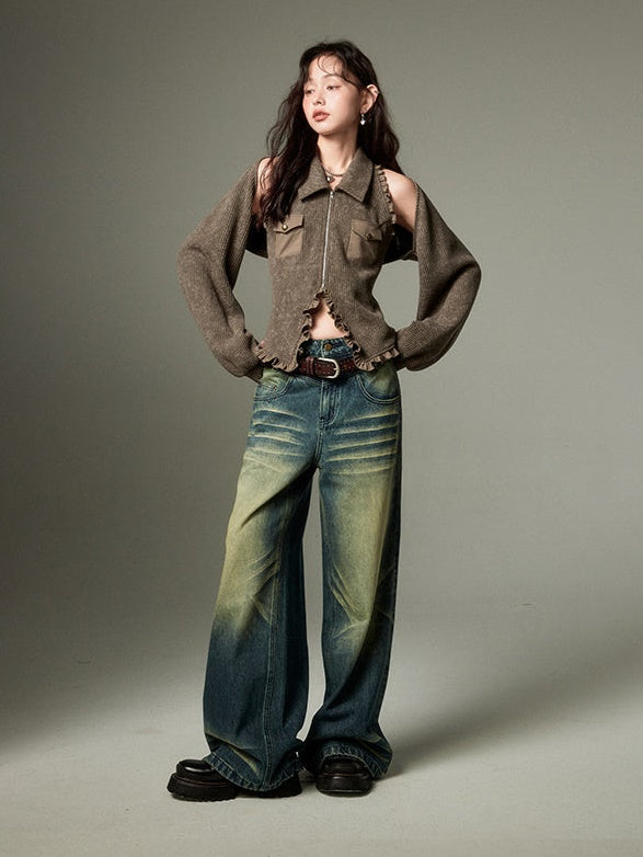Polo Collar Knitted Sleeveless Top & Shawl Cardigan Set-up