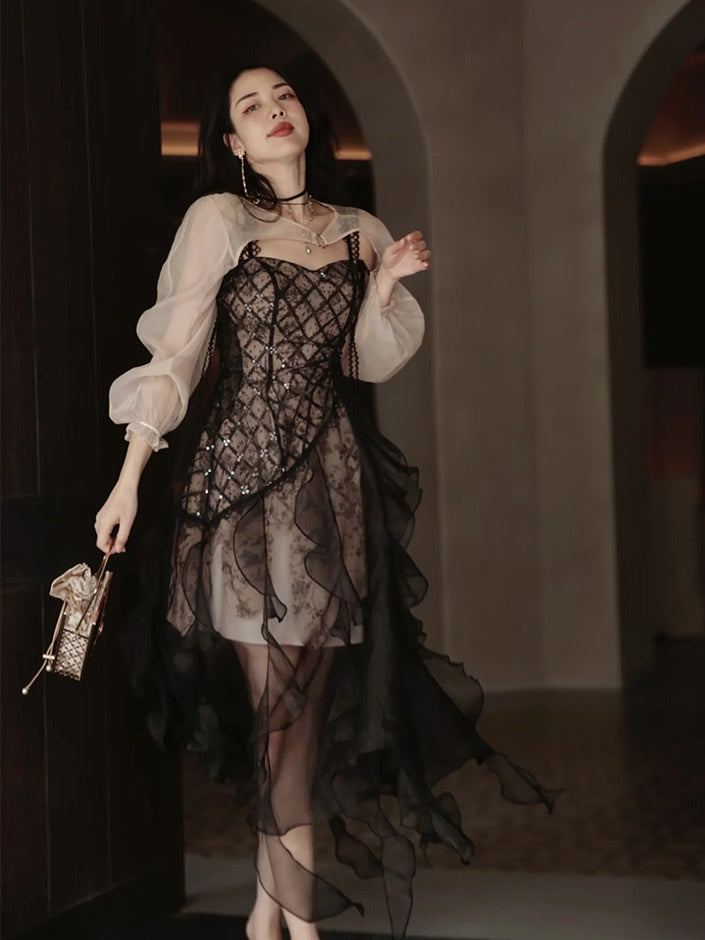 Irregular Frill Stitch Lace Sheer Sling Dress