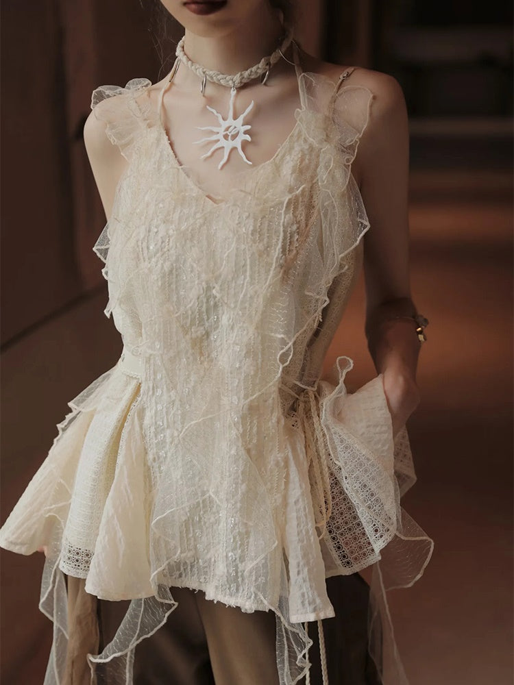 Frill Stitch Sleeveless Top & Irregular Flare Skirt