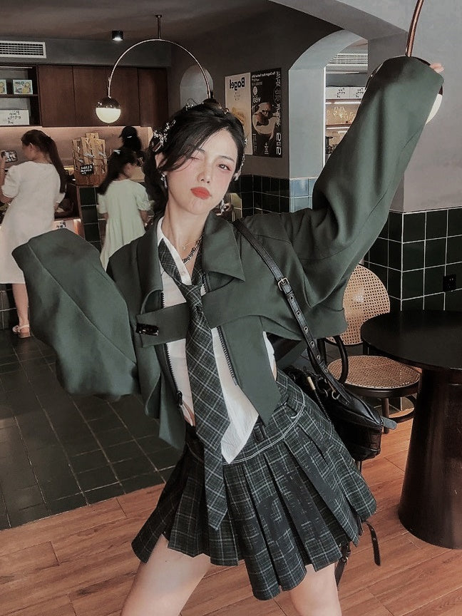 College British Style Shirt &&Vest & Pleated Culottes & Jacket