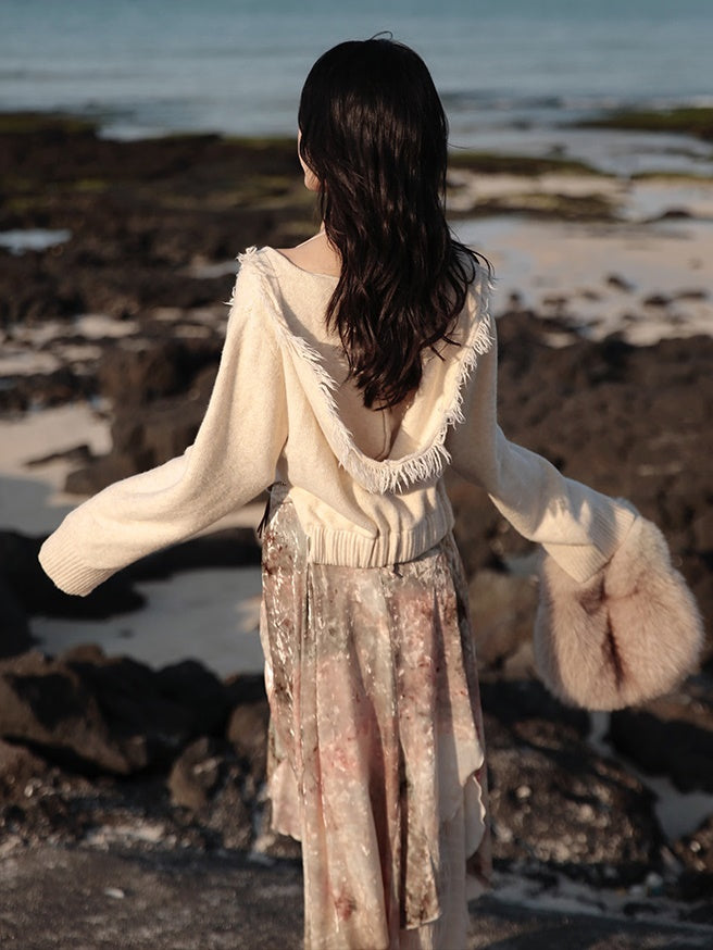 Velvet Print Halter-neck Vest & Layered Design Skirt & Chain Belt & Knitted Hooded Cardigan