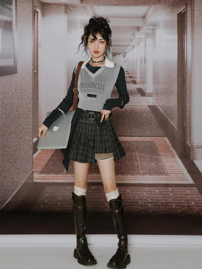 College British Style Shirt &&Vest & Pleated Culottes & Jacket