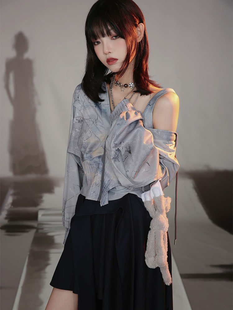 Graffiti Print Parka & Camisole Set & Cutout Pants & Slit Skirt