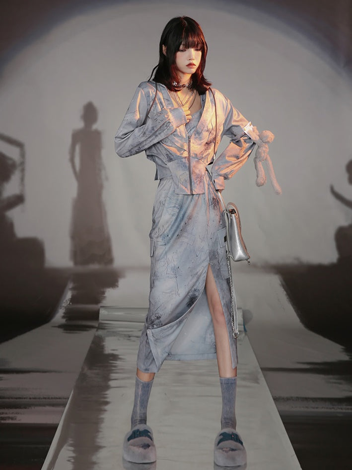 Graffiti Print Parka & Camisole Set & Cutout Pants & Slit Skirt