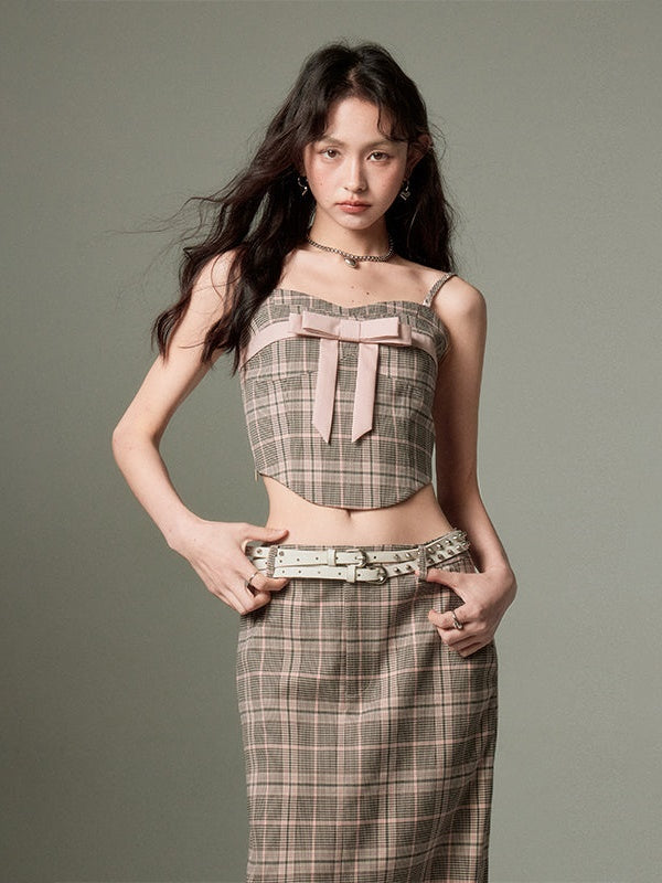 Plaid Bow Cropped Camisole & Long Skirt