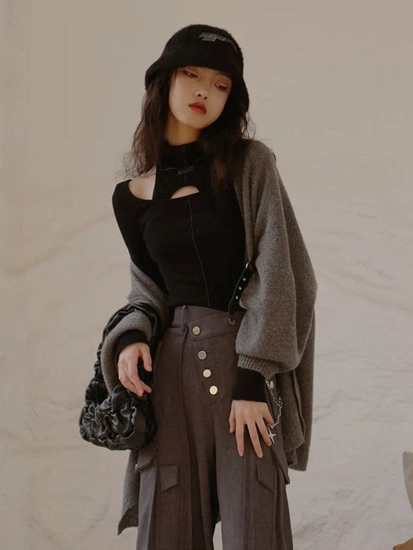 High Neck Structure & Hollow Knit Top