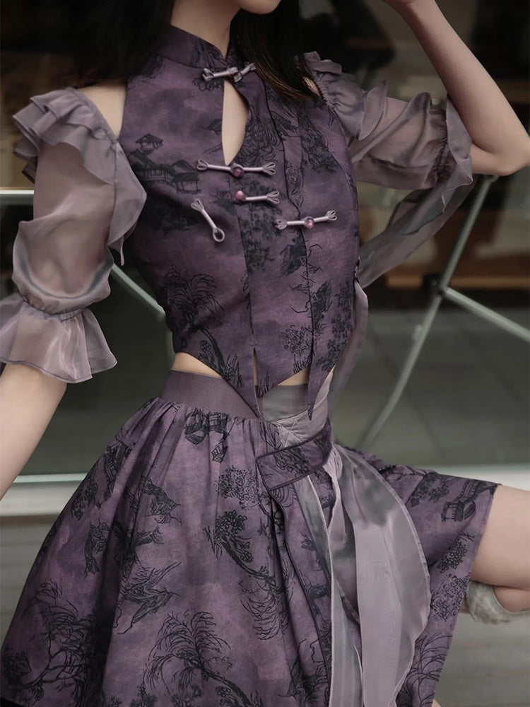 Chinese Style Short Top & Irregular Hem Skirt & Camisole & Cropped Sheer Cardigan