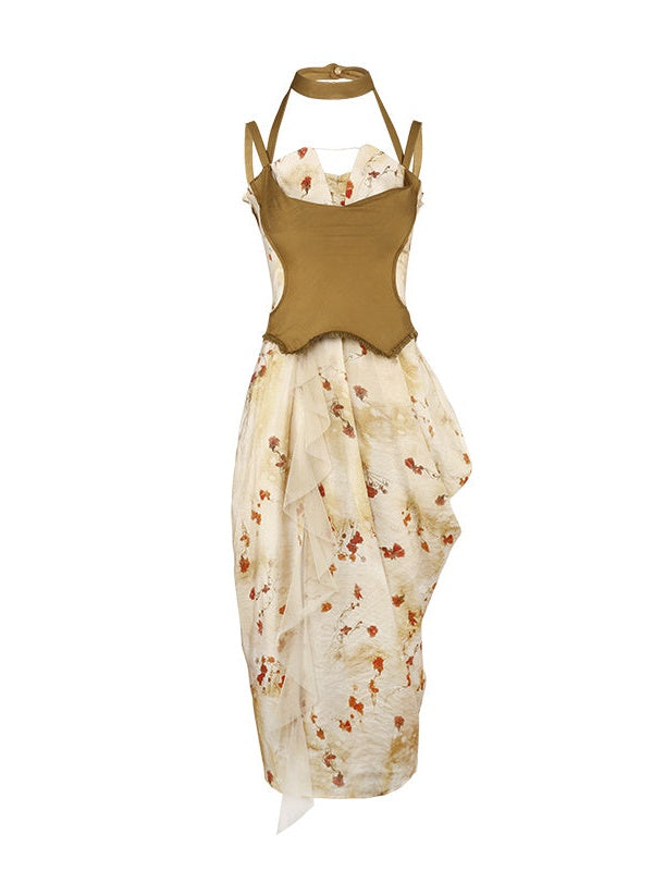 Floral Printed Strap Fake Layered Dress & Shirt