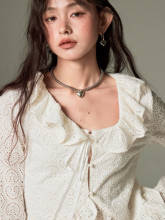 Hollow Frill Collar Lace Top