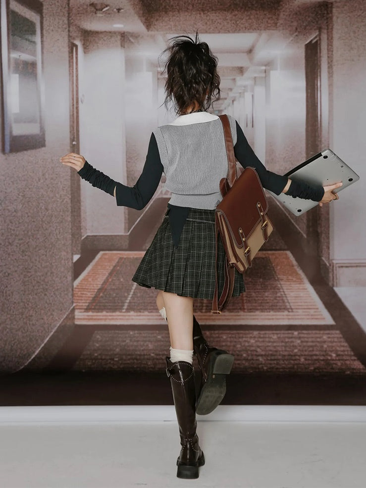 College British Style Shirt &&Vest & Pleated Culottes & Jacket