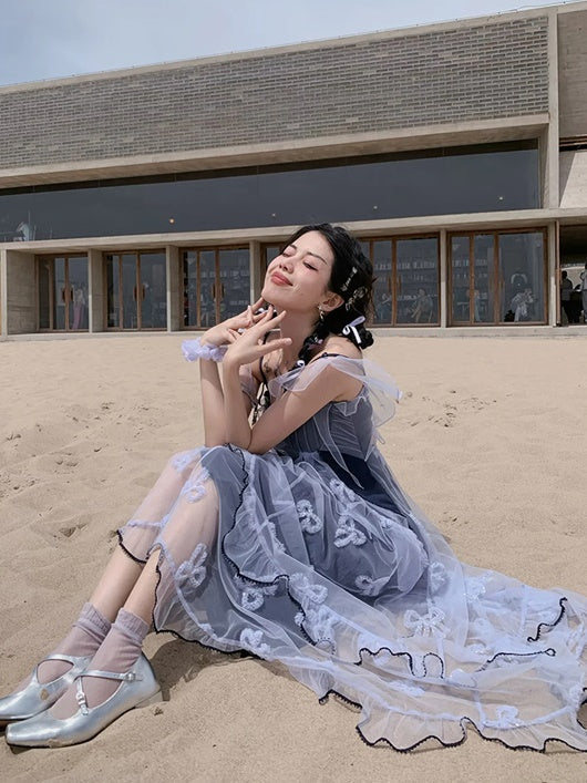 Butterfly Embroidered Ribbon Fake Two-Piece Dress & Cardigan