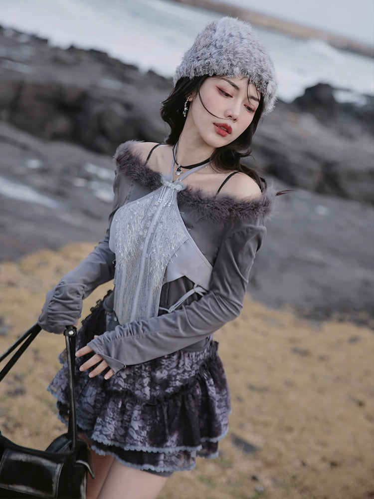 Fur Collar Top & Halter-neck Vest & Cut Lace Skirt