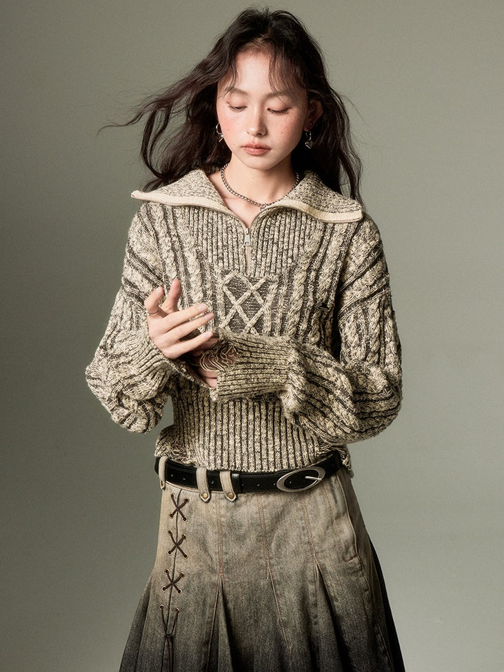 Cable High Collar Half-Zipper Knitted Sweater