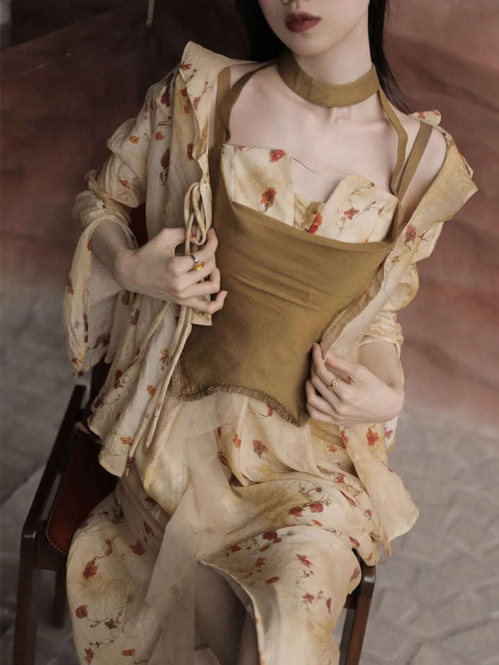 Floral Printed Strap Fake Layered Dress & Shirt