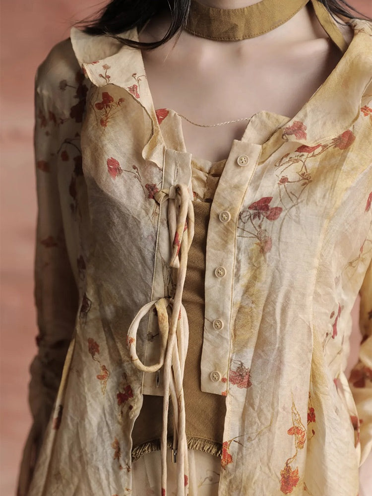 Floral Printed Strap Fake Layered Dress & Shirt
