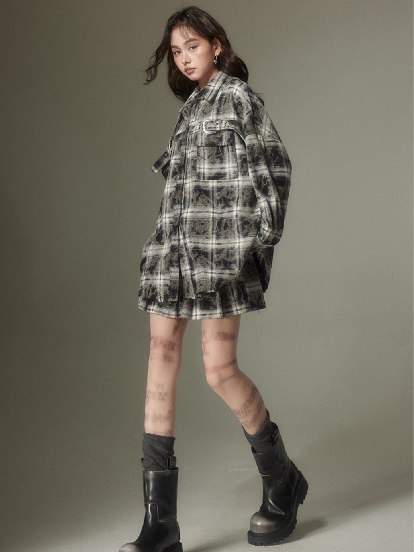 Plaid Loose Long Sleeve Shirt & Pleated Skirt
