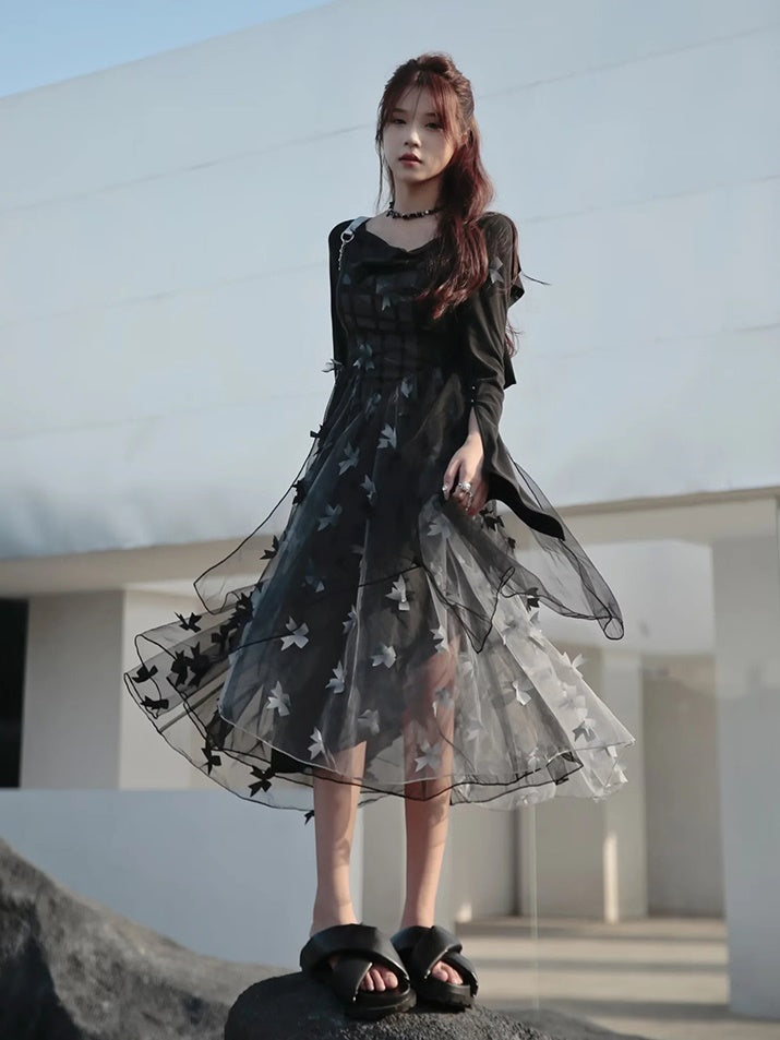 Butterfly Ribbon Gauze Hooded Dress