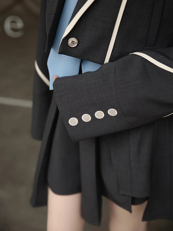 Plaid Wide Shoulder Jacket & Pleated Skirt Pants