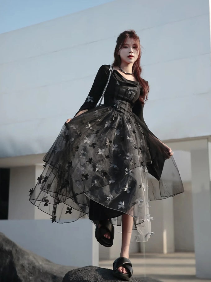 Butterfly Ribbon Gauze Hooded Dress