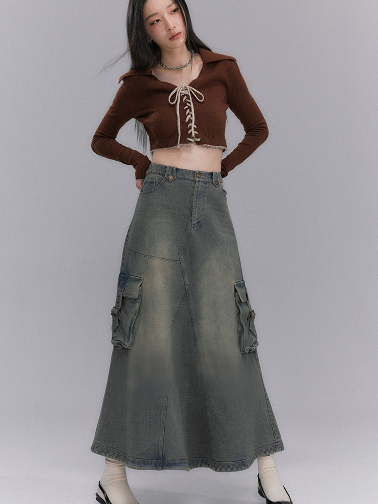 Washed Old Denim A-Line Long Skirt