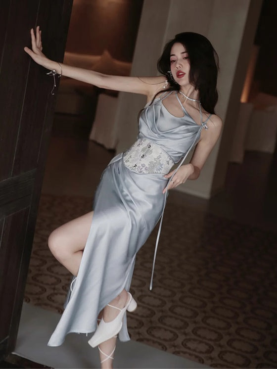 Drape Sling Dress With Floral Corset Belt