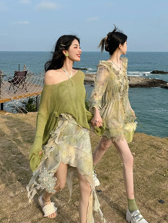 Oil Painting Printing Fishtail Dress & Top & Set-up
