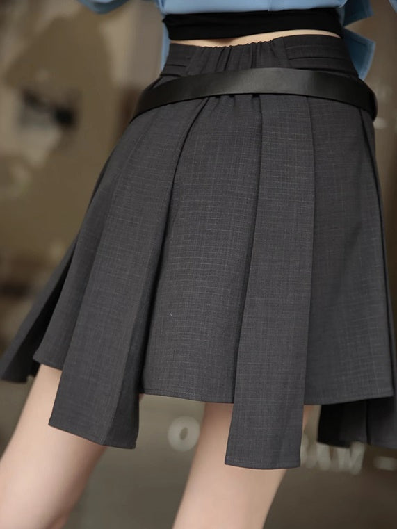 Plaid Wide Shoulder Jacket & Pleated Skirt Pants