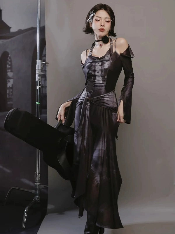 Butterfly Print Halterneck Dress & Flare Sleeve Cardigan