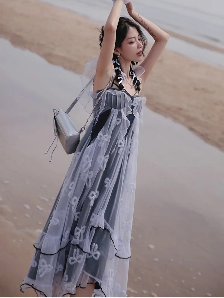 Butterfly Embroidered Ribbon Fake Two-Piece Dress & Cardigan