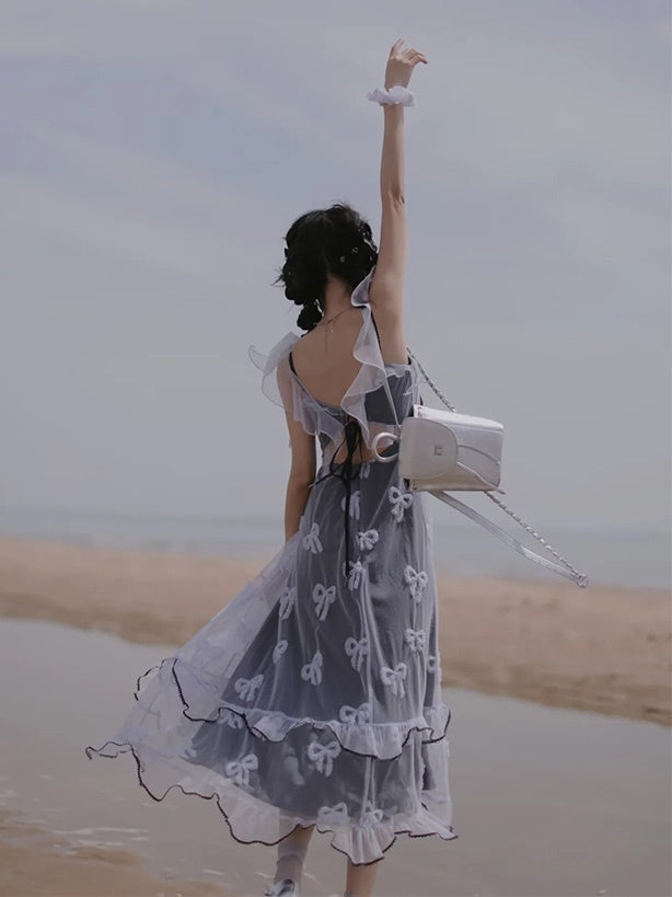 Butterfly Embroidered Ribbon Fake Two-Piece Dress & Cardigan