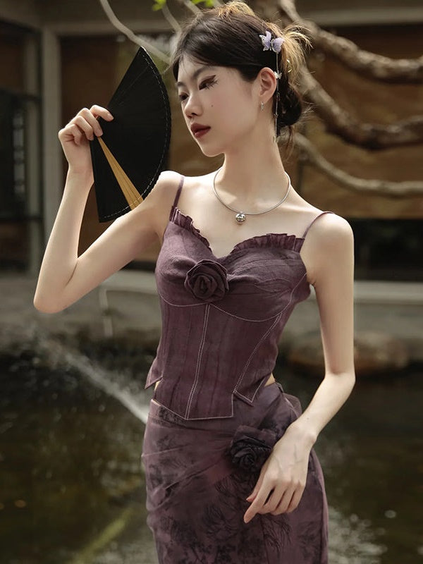 Chinese Style Short Top & Irregular Hem Skirt & Camisole & Cropped Sheer Cardigan