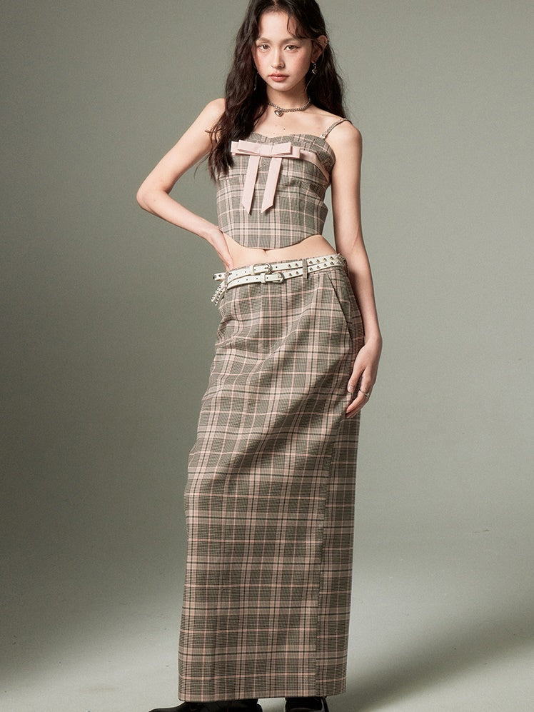 Plaid Bow Cropped Camisole & Long Skirt