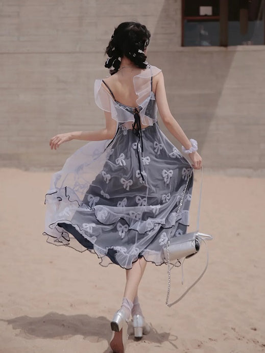 Butterfly Embroidered Ribbon Fake Two-Piece Dress & Cardigan