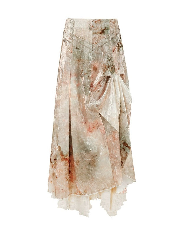 Velvet Print Halter-neck Vest & Layered Design Skirt & Chain Belt & Knitted Hooded Cardigan