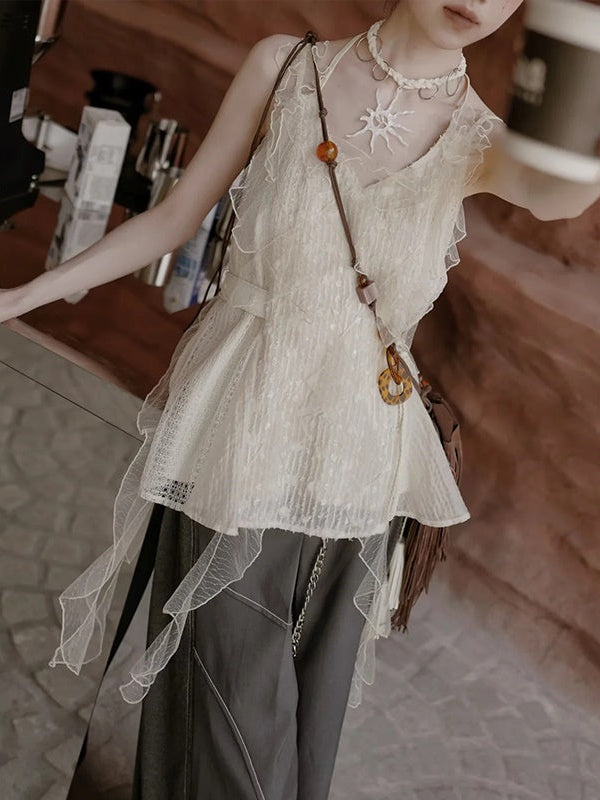 Frill Stitch Sleeveless Top & Irregular Flare Skirt