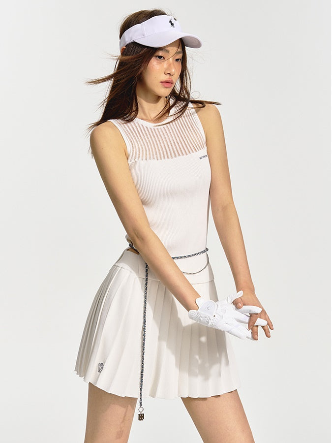 Hollow Knitted Vest & Pleat Skirt