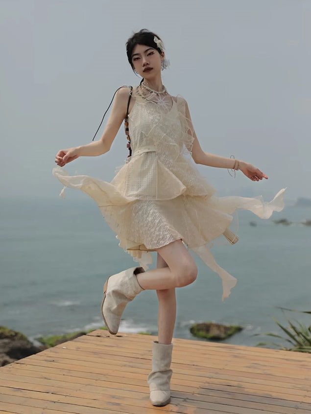 Frill Stitch Sleeveless Top & Irregular Flare Skirt