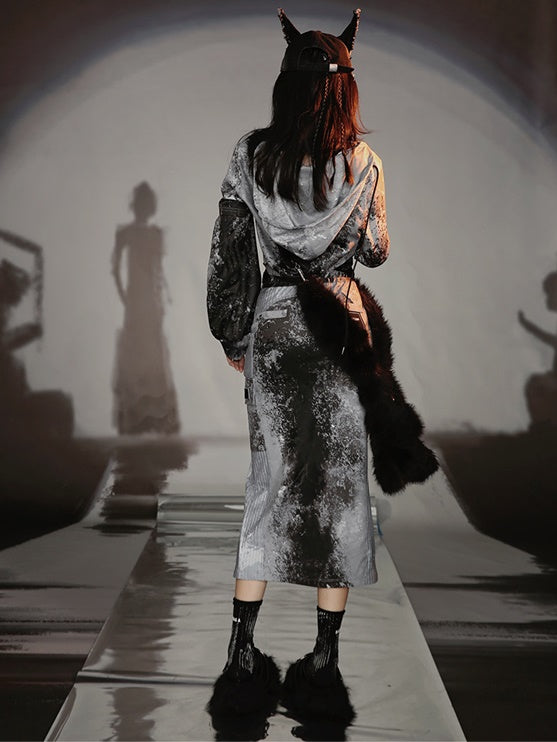 Graffiti Print Parka & Camisole Set & Cutout Pants & Slit Skirt
