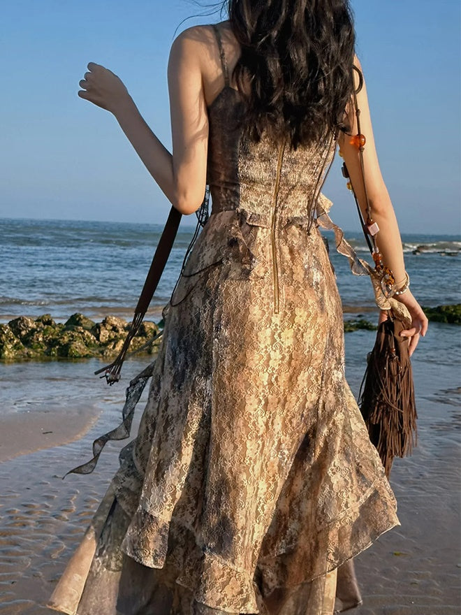 Classical Aesthetics Printed Lace Dress & Waist Slim Cardigan