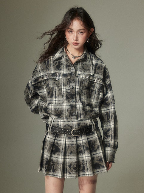 Plaid Loose Long Sleeve Shirt & Pleated Skirt