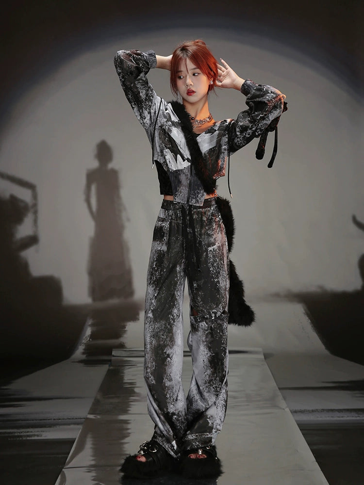 Graffiti Print Parka & Camisole Set & Cutout Pants & Slit Skirt
