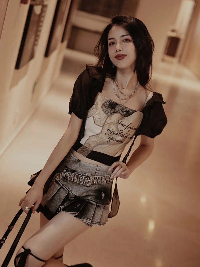 European-style Lace Embroidery Top & Pleat Skirt