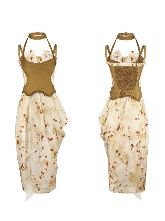 Floral Printed Strap Fake Layered Dress & Shirt