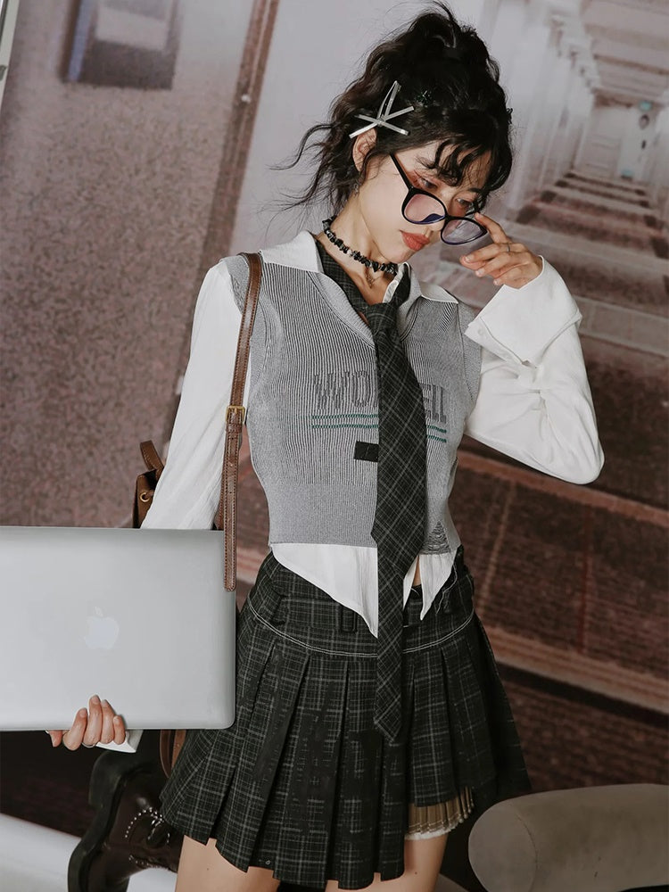 College British Style Shirt &&Vest & Pleated Culottes & Jacket