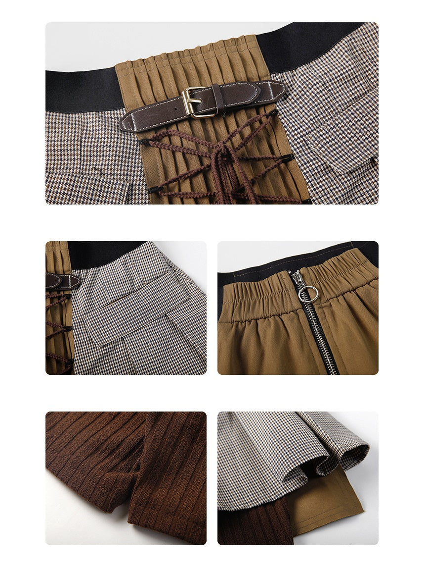 Plaid Fake Two Check Skirt Pants
