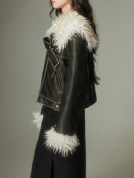 Furry Lapel Leather Jacket