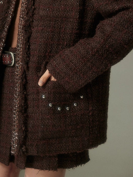 Rivet Glitter Tweed No-Collar Jacket & Pleated Skirt