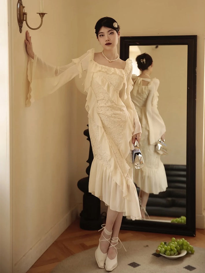 Asymmetry Ruffle Fairy Embroidered Fishtail Dress