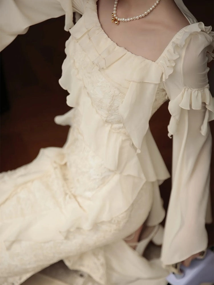 Asymmetry Ruffle Fairy Embroidered Fishtail Dress